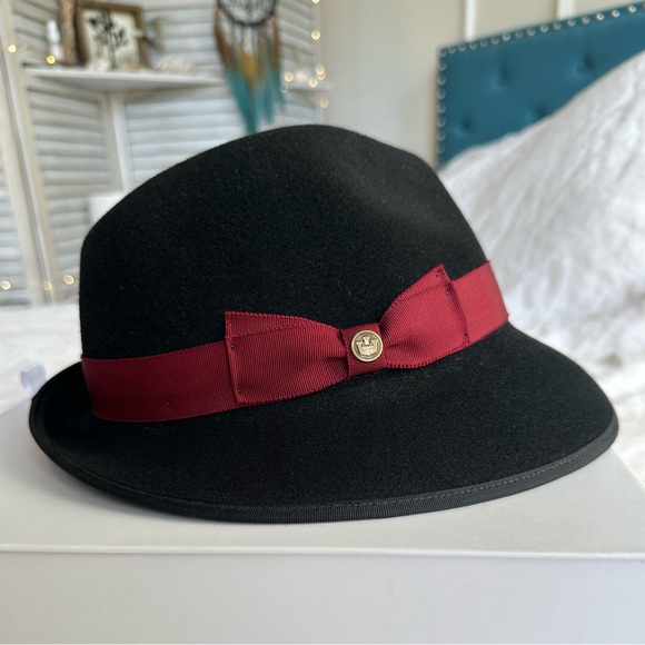Goorin Bros 100% Wool Black Fedora Hat Burgundy Ribbon Classic Unisex - Picture 2 of 7
